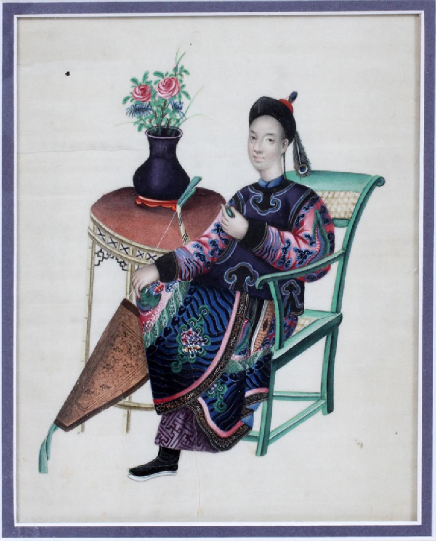 CHINESE PAINTING ON SILK: CHINESE PAINTING ON SILK, H 8", W 6 3/4":Depicting a woman sitting in a chair. Arnold Klein Gallery on verso. Framed.