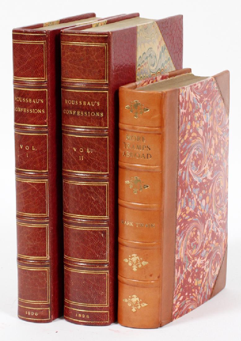 TWAIN & ROUSSEAU HARD BOUND LEATHER VOLUMES: TWAIN & ROUSSEAU, HARD BOUND LEATHER VOLUMES, 1896 & 97 3 PCS., H 7 3/4" & 9 3/4", "MORE TRAMPS ABROAD" & "ROUSSEAU'S CONFESSIONS":Includes: "More Tramps Abroad" 1st Edition by Mark Twain. Published L
