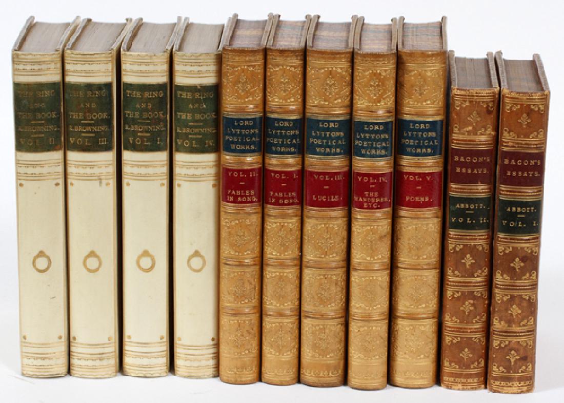 LYTTON BROWNING & BACON LEATHER VOLUME SETS: LORD LYTTON, ROBERT BROWNING & FRANCIS BACON, HARD BOUND LEATHER VOLUME SETS, (3), 1872 & 76, 11 PCS.,:"Robert Lord Lytton's Poetical Works" Vol. I, II, III, IV & V. Full polished light brown calf boa