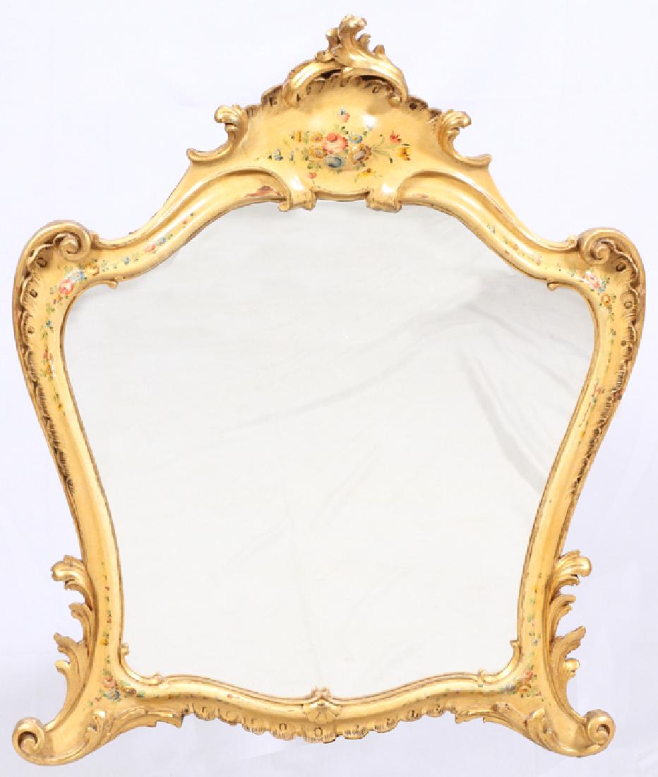 VINTAGE GILT WOOD AND HAND PAINTED MIRROR: VINTAGE GILT WOOD AND HAND PAINTED MIRROR, H 34.5", W 27":A vintage gilt wood wall mirror with acanthus leaf designs enhanced with hand painted flowers.