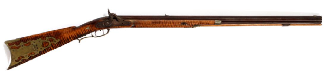 G. HERDER .44 CAL PERCUSSION CAP KENTUCKY RIFLE: G. HERDER, CINCINNATI, .44 CAL,, PERCUSSION CAP, KENTUCKY RIFLE 18TH C, L 29" BBL:G. Herder, Cincinnati, .44 cal percussion cap rifle, converted from a flintlock. Having a maple stock with burned stri