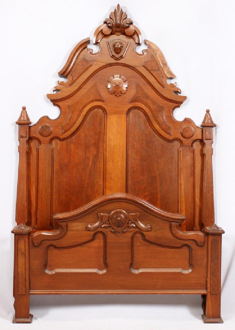 ANTIQUE VICTORIAN WALNUT BED C1850: ANTIQUE VICTORIAN WALNUT BED, C1850, H 90", W 58", L 72":Cathedral style and including a headboard, footboard and side rails.