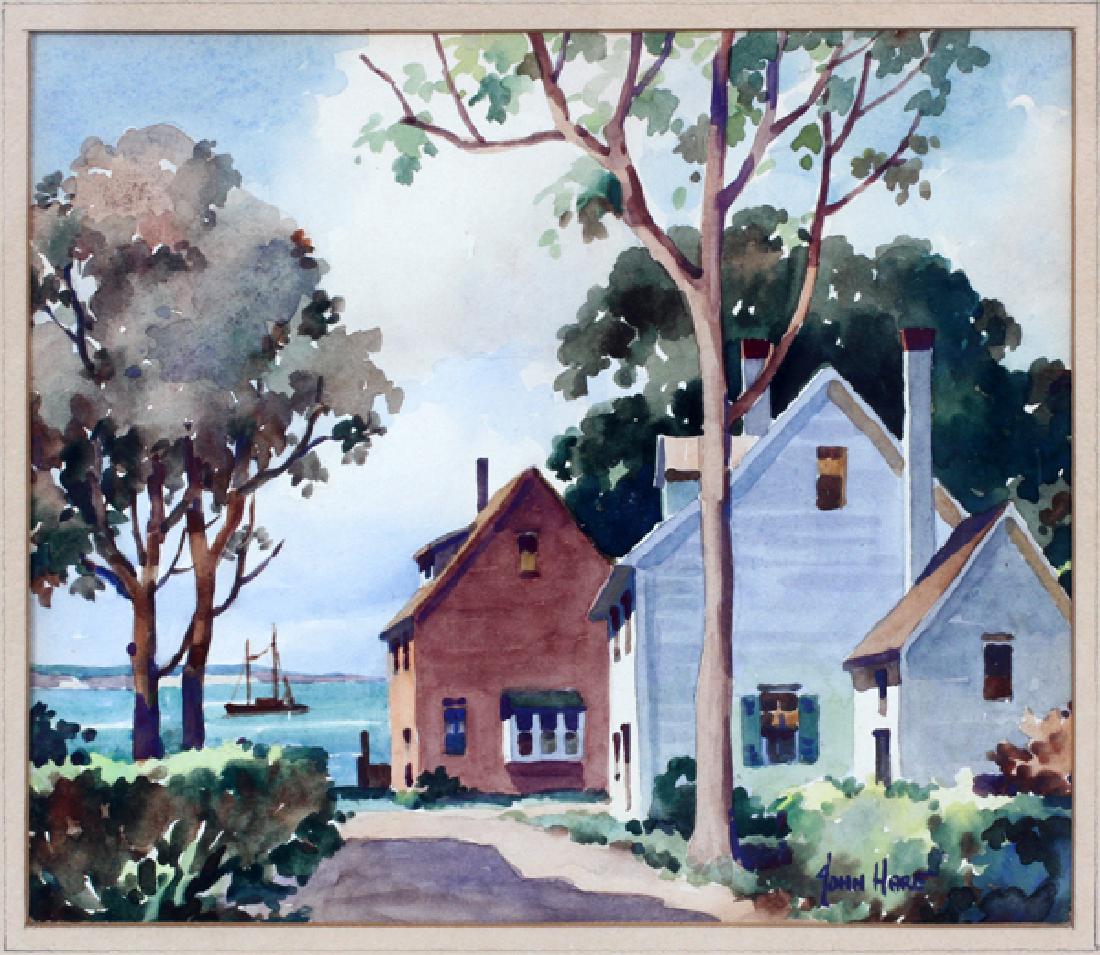 JOHN CUTHBERT HARE WATERCOLOR: JOHN CUTHBERT HARE (AMERICAN, 1908-1978) WATERCOLOR, H 6 1/4" W 7 1/2" COSTAL LANDSCAPE SCENE:Signed lower right. Matted and framed under glass. Frame: 13 5/8" x 14 5/8".