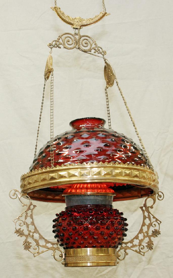 CRANBERRY HOBNAIL HANGING PARLOR LAMP 19TH.C. (1 of 2)