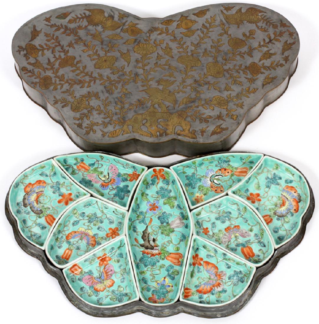 CHINESE BRASS INLAID PEWTER SWEETMEAT BOX 19TH C. (1 of 3)