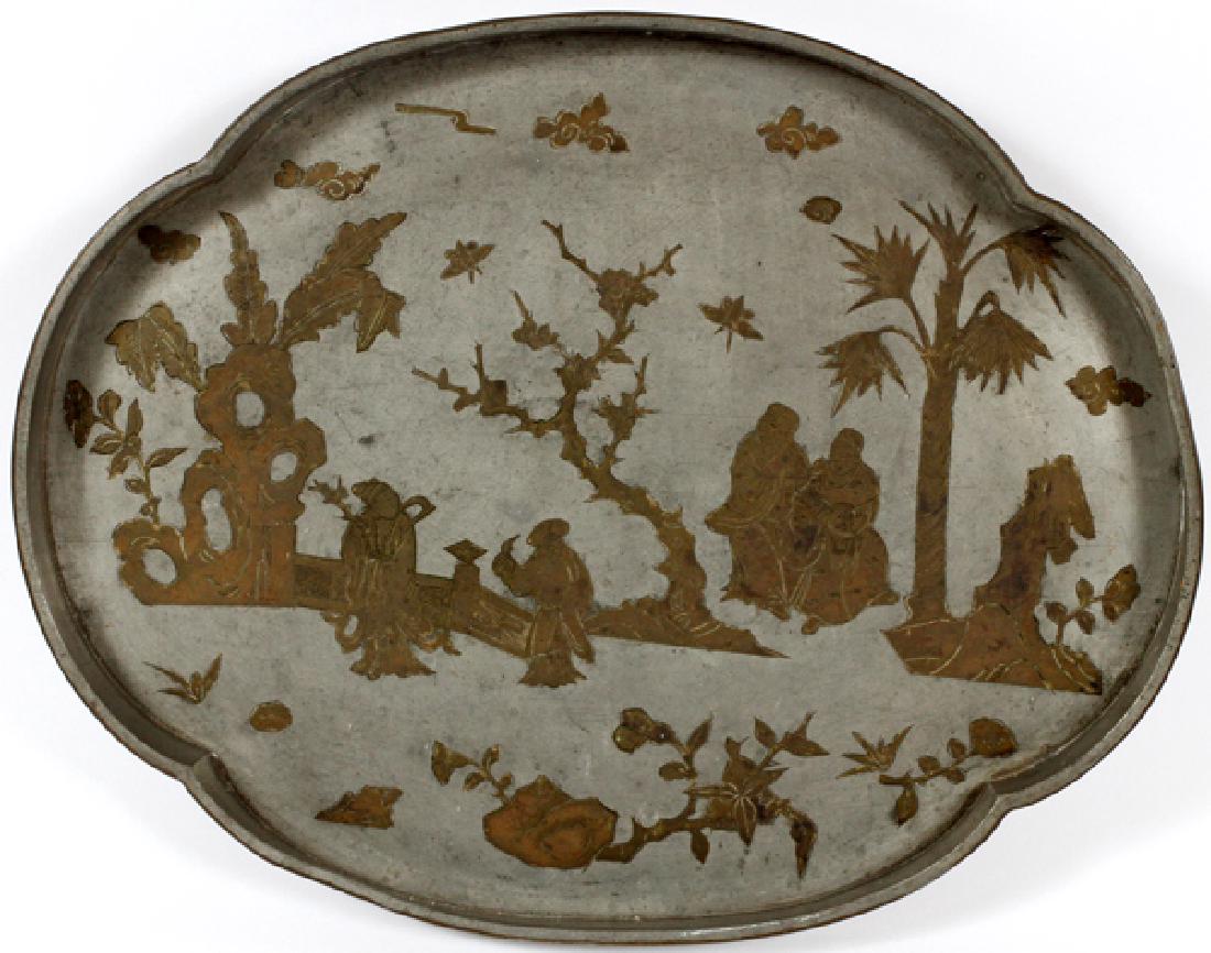 CHINESE BRASS INLAID PEWTER TRAY C.1900 (1 of 2)