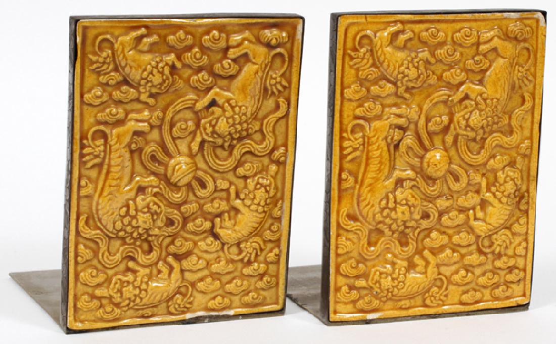 CHINESE BRASS AND CERAMIC BOOKENDS C.1910-1920 PAIR (1 of 3)