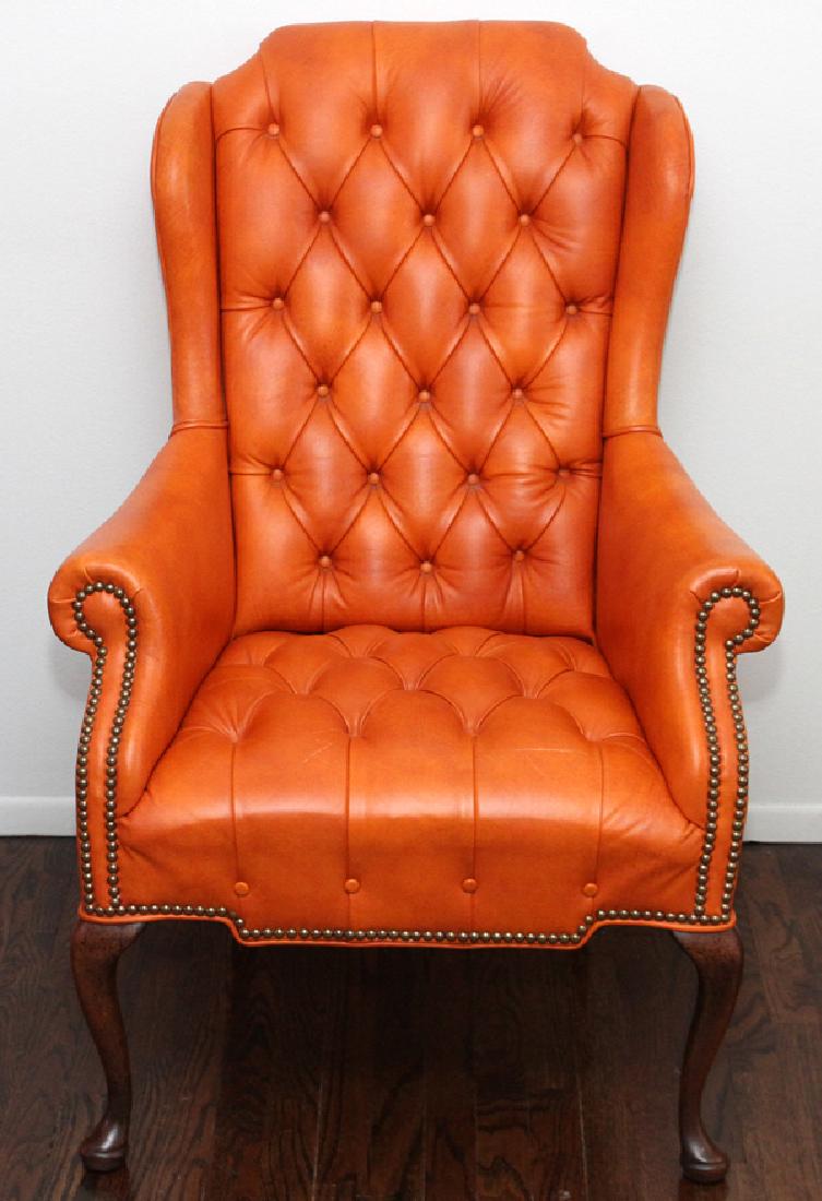 ORANGE QUEEN ANN STYLE TUFTED LEATHER ARM CHAIR (1 of 2)