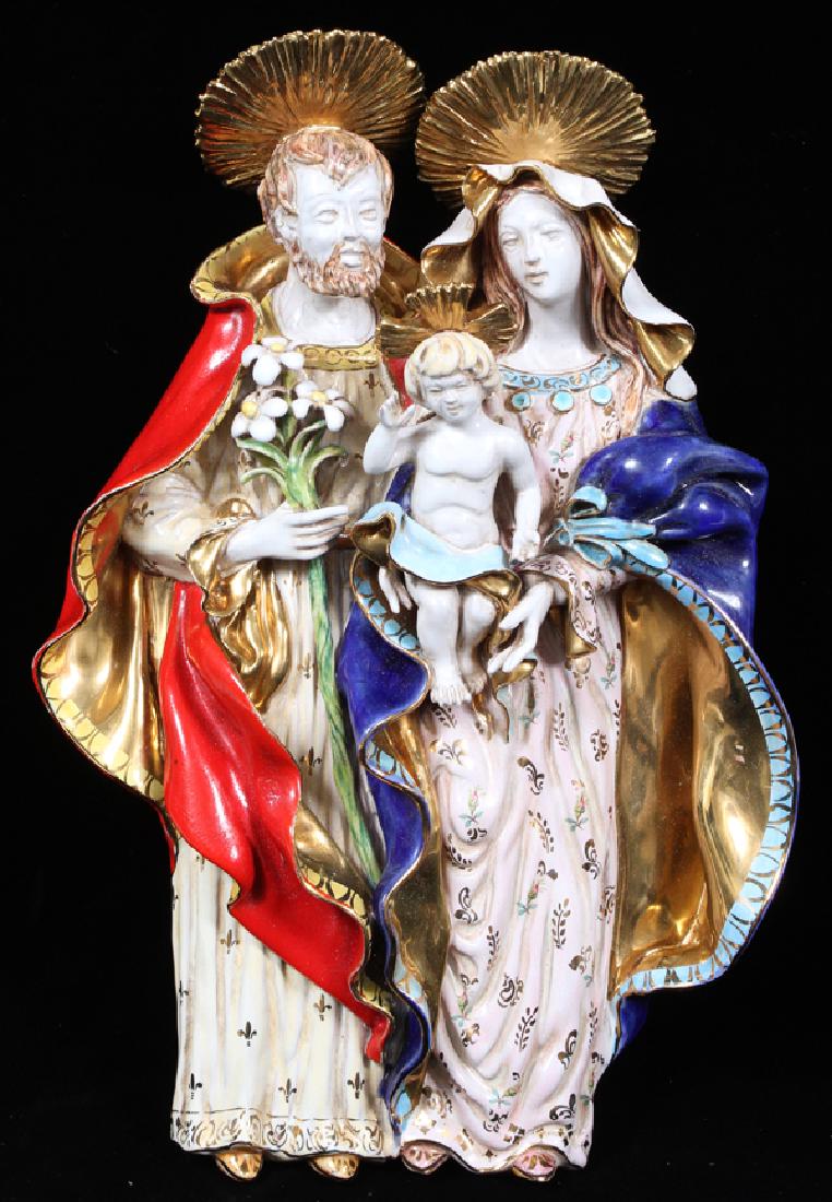 ITALIAN ART POTTERY HOLY FAMILY: ITALIAN ART POTTERY "HOLY FAMILY", H 17", W 10":Possibly strengthened color of red cloak. Hand painted.