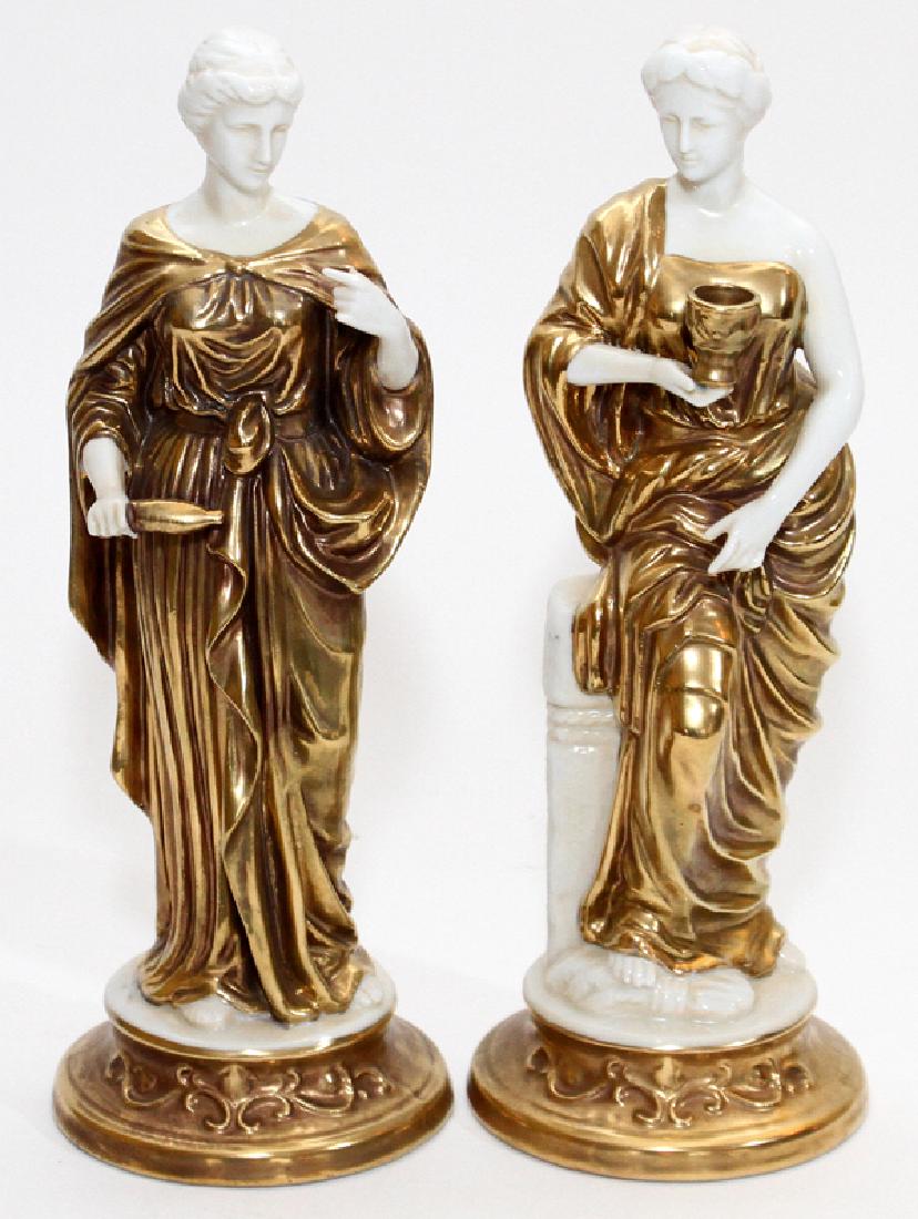 PORCELAIN FIGURES OF CLASSICAL WOMEN 2 PIECES: PORCELAIN FIGURES OF CLASSICAL WOMEN, 2 PIECES H 10 1/2":One figure is holding a cup, the other is holding a spindle. Marked '6968' to each. From The George and Penny Simon Collection, Grosse Pointe F