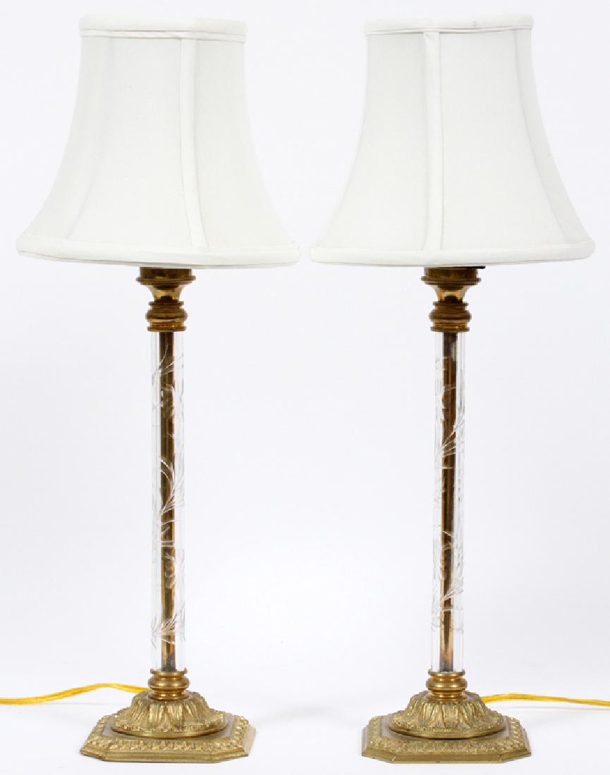 ETCHED GLASS CANDLESTICK LAMPS PAIR (1 of 2)