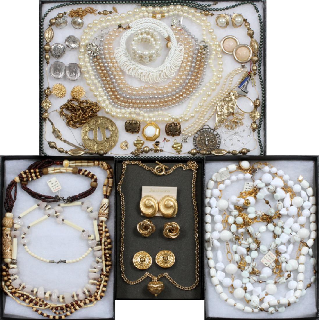 COSTUME JEWELRY LOT INCLUDES WEISS GIVENCHY DIOR: COSTUME JEWELRY LARGE LOT INCLUDES WEISS, GIVENCHY, DIOR:Weiss beads 26". White glass beads 56". White beads with gilt metal (probably Swarovski) 36". One white with gilt also possibly by Swarovski 26