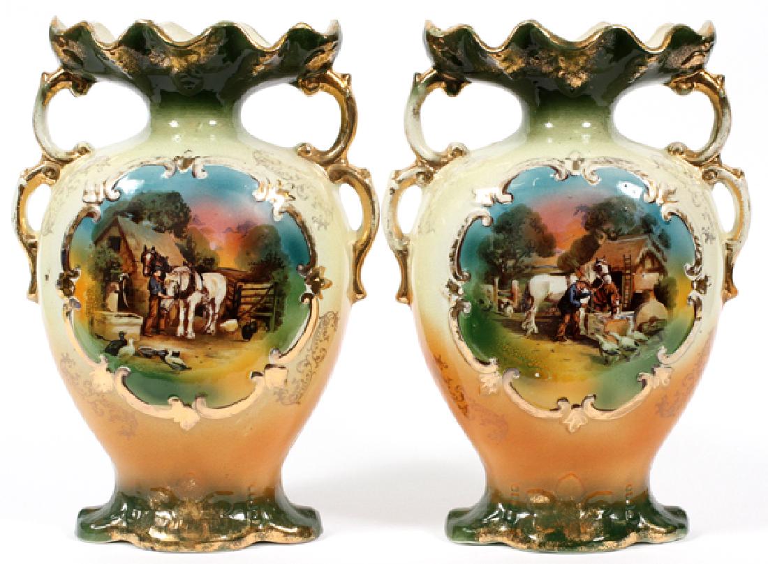 ENGLISH EARTHENWARE VASES C. 1900 PAIR: ENGLISH EARTHENWARE, VASES, C. 1900, PAIR, H 13", W 9":Stencil farm scene. From a prominent Bloomfield Hills collector.