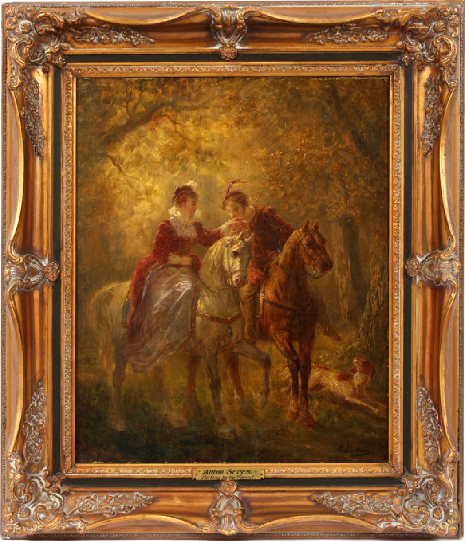 ANTHONY SERRES OIL ON CANVAS: ANTHONY SERRES, (PARIS 1828 -98) OIL ON CANVAS, H 21", W 17", "PARTING BY THE FOREST":Signed Anton Serres. Canvas stamped "Tasset et Lhote, 31 Rue Fontaine, Paris" From a prominent Bloomfield Hills co