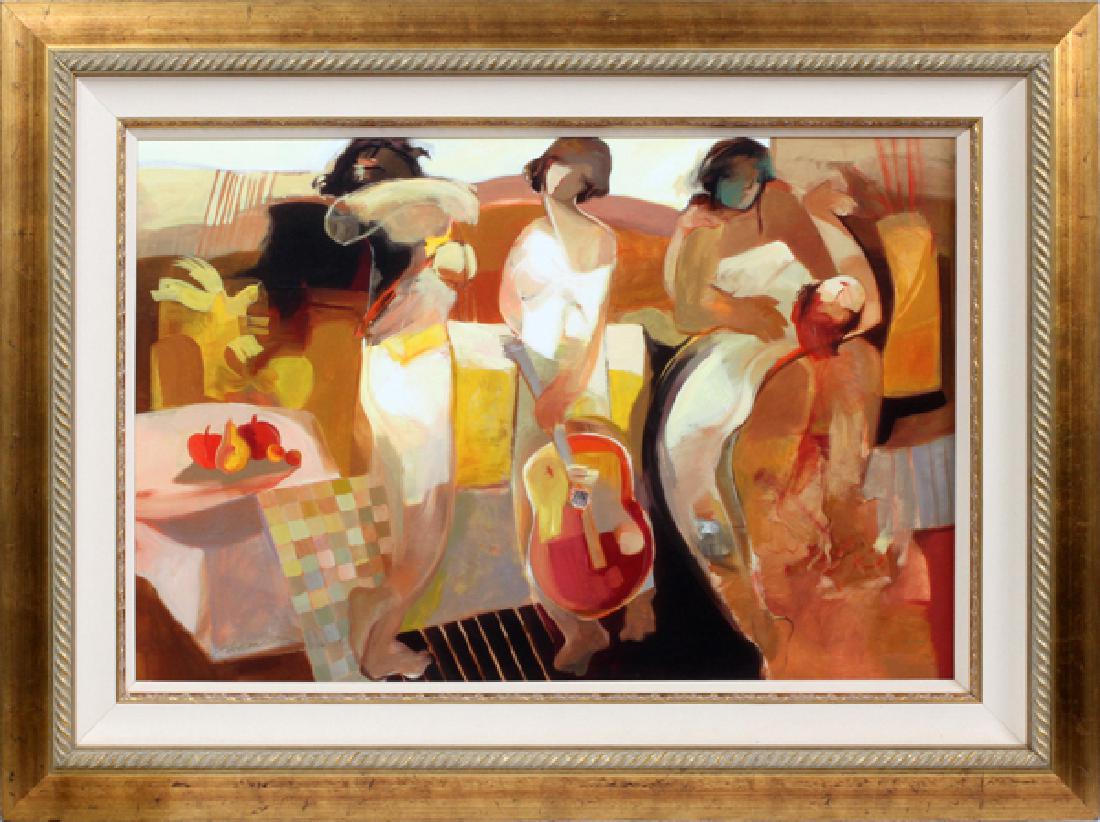 HESSAM ABRISHAMI IRANIAN OIL ON CANVAS: HESSAM ABRISHAMI, IRANIAN, OIL ON CANVAS, FIGURES WITH GUITAR BY SOFA, H 30", W 44":Born 1951; signed lower left; framed.