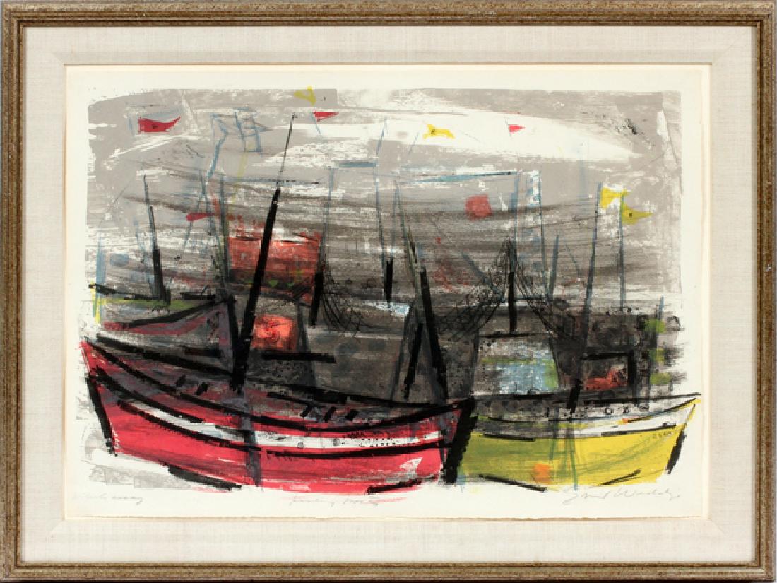 EMIL WEDDIGE COLOR LITHOGRAPH: EMIL WEDDIGE, COLOR LITHOGRAPH, H 15", L 20 1/2", "FISHING BOATS":Signed lower right. Artist proof. Framed and matted under glass.