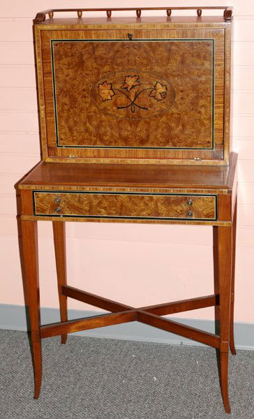 ROBERT IRWIN BURL & WALNUT DROP-FRONT DESK: ROBERT IRWIN, WALNUT & BURL WALNUT DROP-FRONT DESK, H 46 3/4", W 23", L 15":A drop-front desk above single drawer, opening to three drawers and slots, raised on square tapering legs joined by a stretc