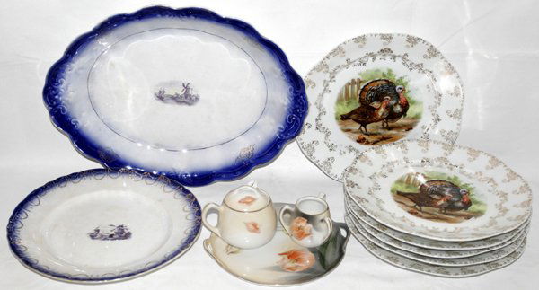 DUTCH PORCELAIN GROUP PLATE PLATTER: BAVARIA, PRUSSIA. DUTCH PORCELAIN GROUP FLO BLUE PLATE, PLATTER, CONDIMENT SET, ANTIQUE, ELEVEN:Bavarian plates Dia 9". Six plates turkey design. Three piece condiment set. Tray Dia7". Jar and covered