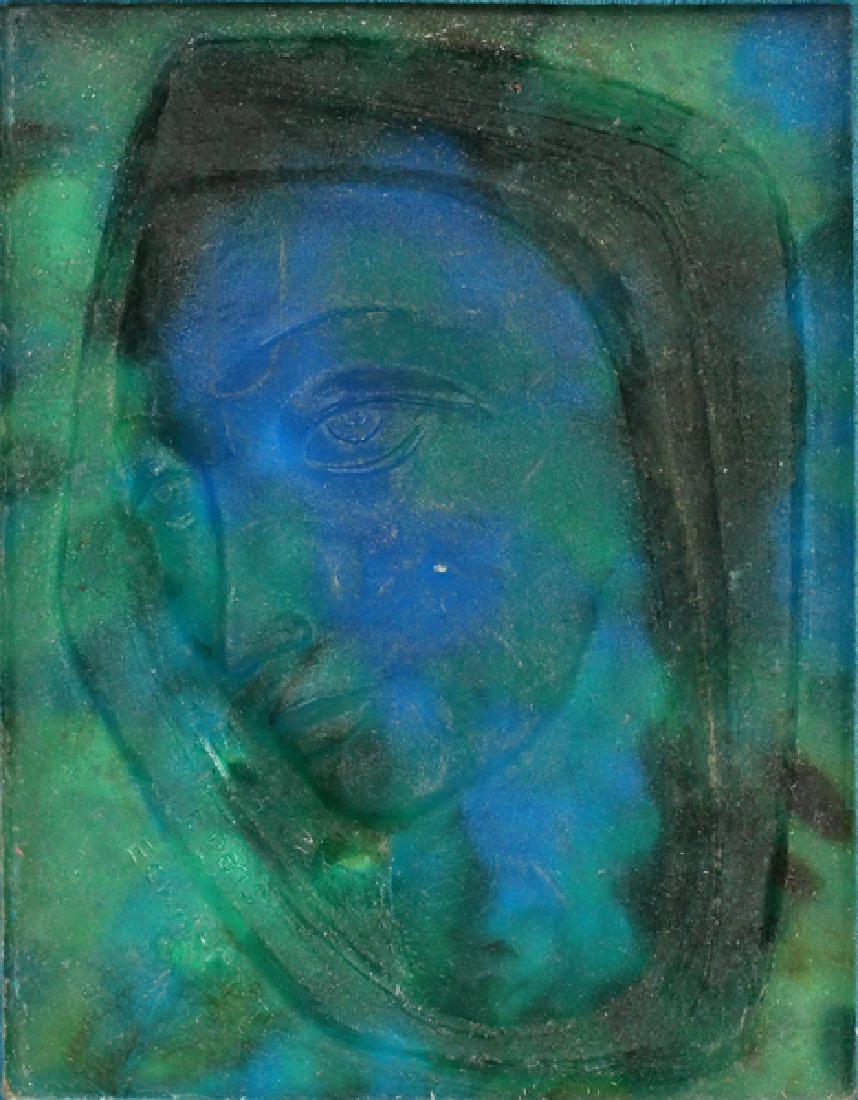 EDRIS ECKHARDT FUSED GLASS FIGURAL RELIEF: EDRIS ECKHARDT (AMERICAN, 1905-1998), FUSED GLASS FIGURAL RELIEF, H 10", L 7 3/4", "RUTH":Edris (Edith Aline) Eckhardt (American, 1905-1998). "Ruth". Fused glass figural relief of the biblical figure.