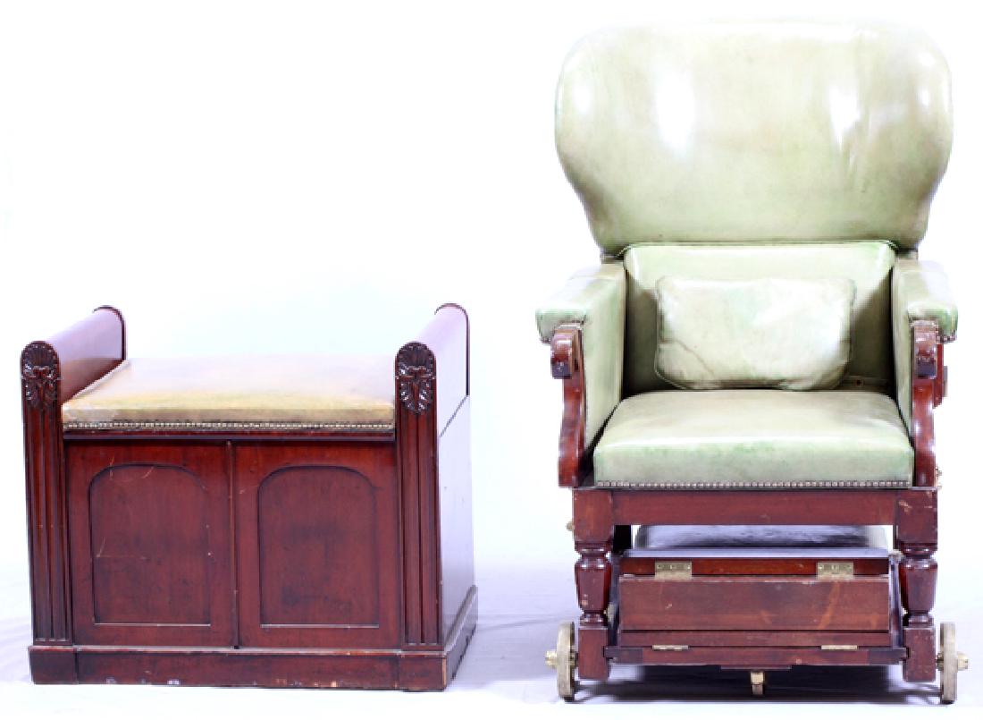 BRITISH MAHOGANY & LEATHER INVALID'S CHAIR: BRITISH MAHOGANY AND LEATHER UPHOLSTERED INVALID'S CHAIR & MATCHING COMMODE, H 46", W 28", D 32":The commode measuring 25" height, 29 1/2" wide, 18 3/4" depth, with blue and white porcelain chamber po