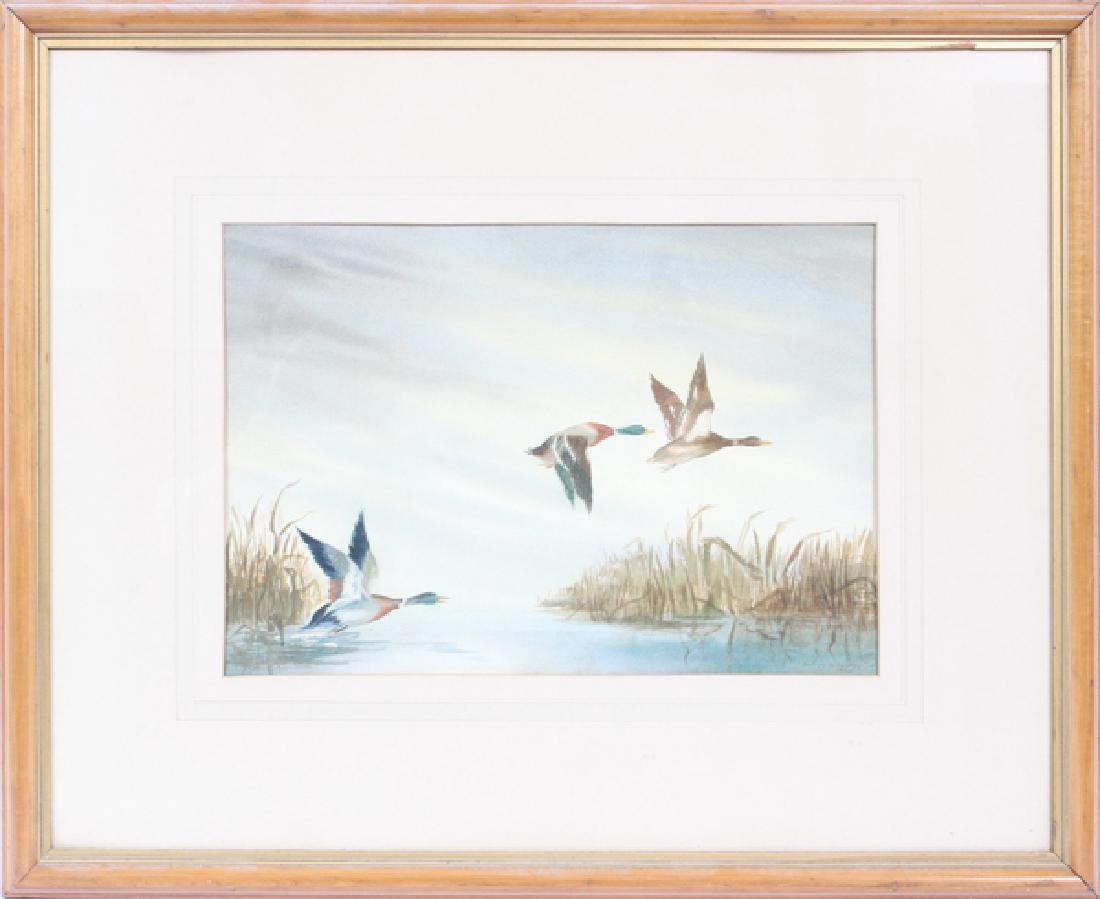 SIDNEY W. SEELEY WATERCOLOR ON PAPER 1944: SIDNEY W. SEELEY (20TH C), WATERCOLOR ON PAPER, 1944, H 13", L 19", MARSHLAND WITH DUCKS:Sidney W. Seeley (20th century). Untitled. Watercolor on paper. Depicting a group of flying ducks over a marshy