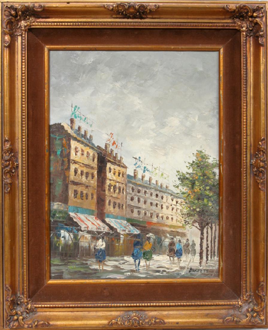 CAROLINE BURNETT OIL ON CANVAS C. 1970: CAROLINE BURNETT, OIL ON CANVAS, C. 1970, 12" X 16", STREET SCENE:Depicts a street scene. Artistic Interiors label; signed lower right. Framed.