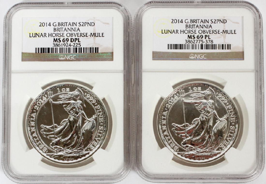 BRITANNIA MIRROR-LIKE COINS 2 POUNDS EACH: BRITANNIA MIRROR-LIKE COINS, 2 POUNDS EACH, LUNAR HORSE OBVERSE-MULE COINS, GRADE MS-69 DPL,, (1-PAIR) H 3 1/2", W 2 1/2" CASE:Great Britain 2 pound coins, grade; MS-69 , silver fineness: 99.9, silver