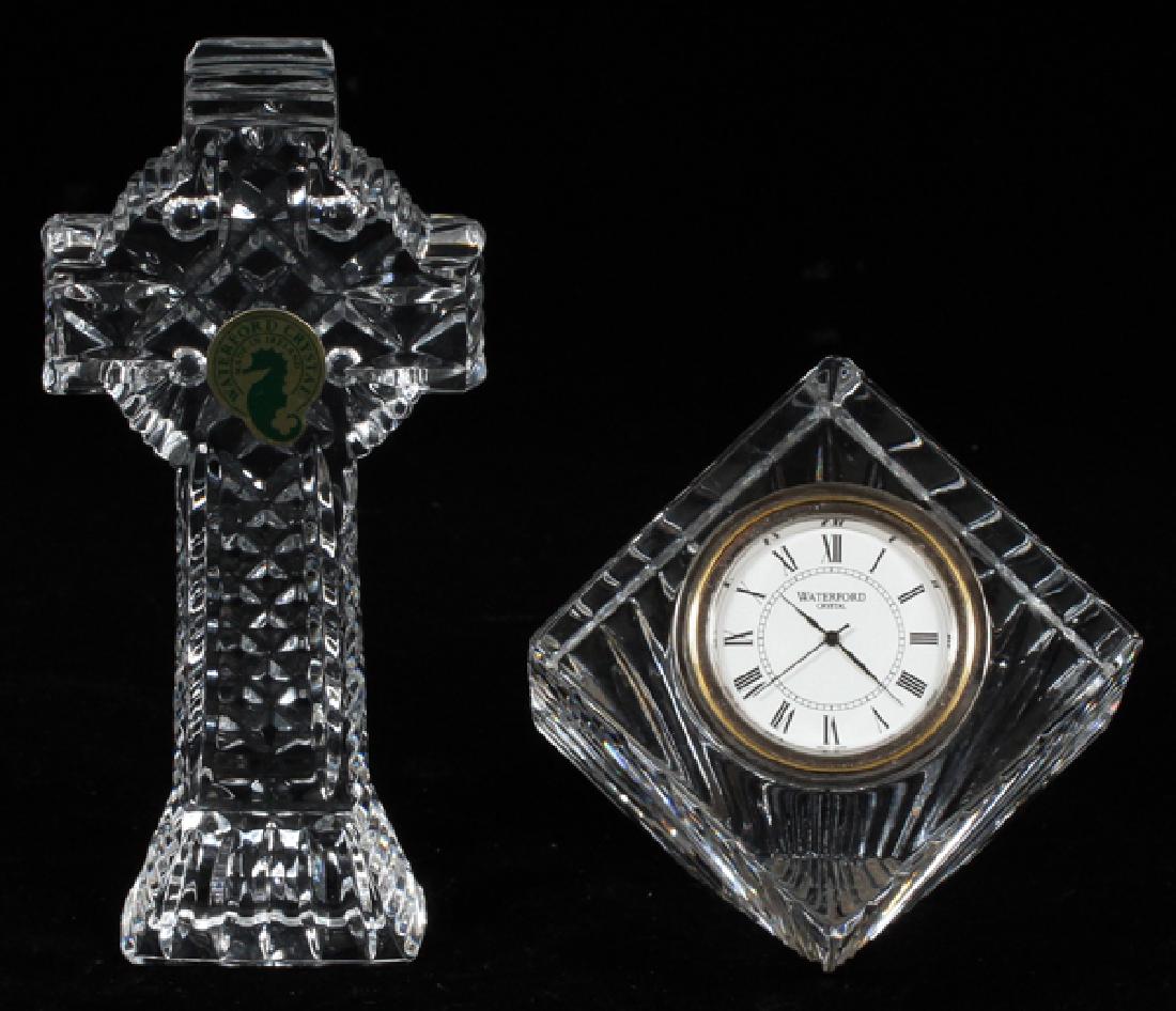 WATERFORD CRYSTAL CELTIC CROSS AND DRESSER CLOCK: WATERFORD CRYSTAL CELTIC CROSS AND DRESSER CLOCK,, H 2 3/8"-5 3/8":Comprising: one Celtic-style cross measuring 5 3/8" in height; and one square clock housed in a crystal square, having a white face w