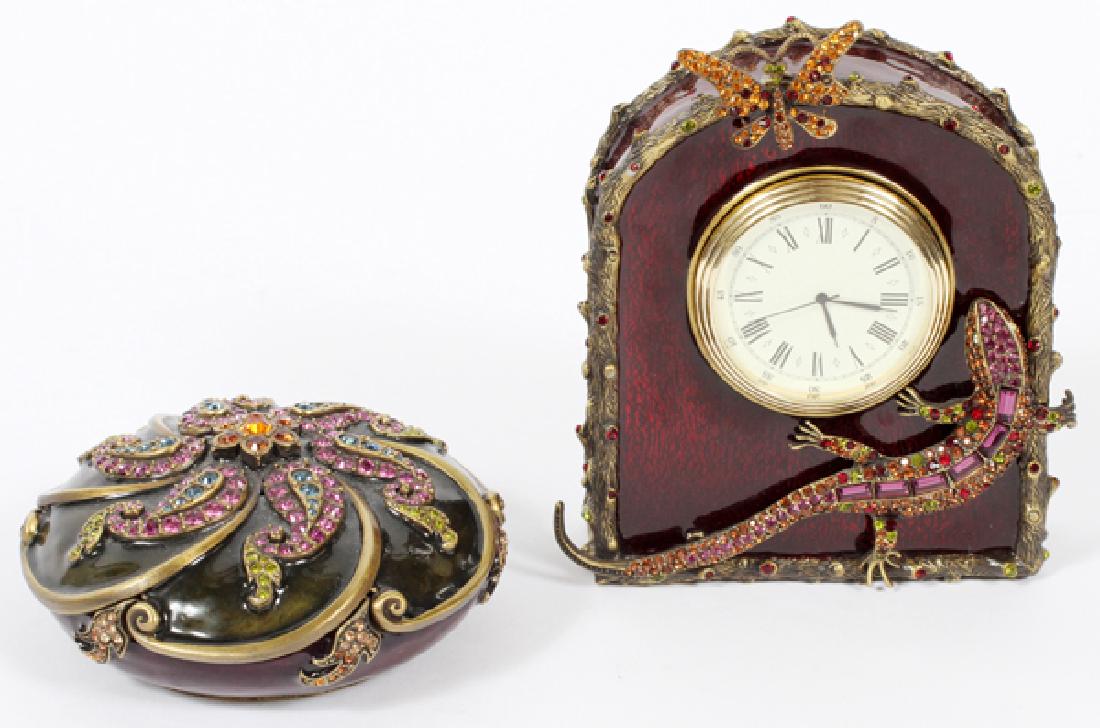 JAY STRONGWATER ENAMELED DESK CLOCK AND BOX TWO (1 of 2)