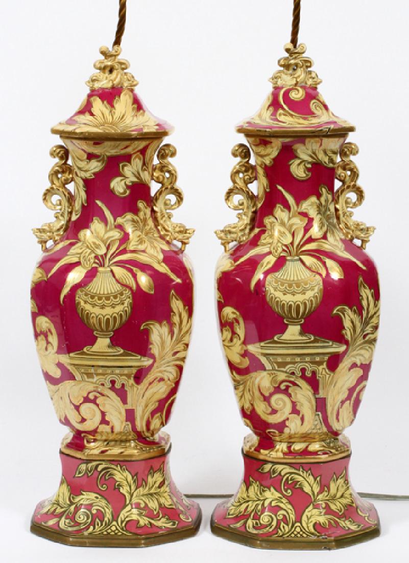 ROCKINGHAM POTTERY CRANBERRY & GOLD LAMPS PAIR (1 of 4)