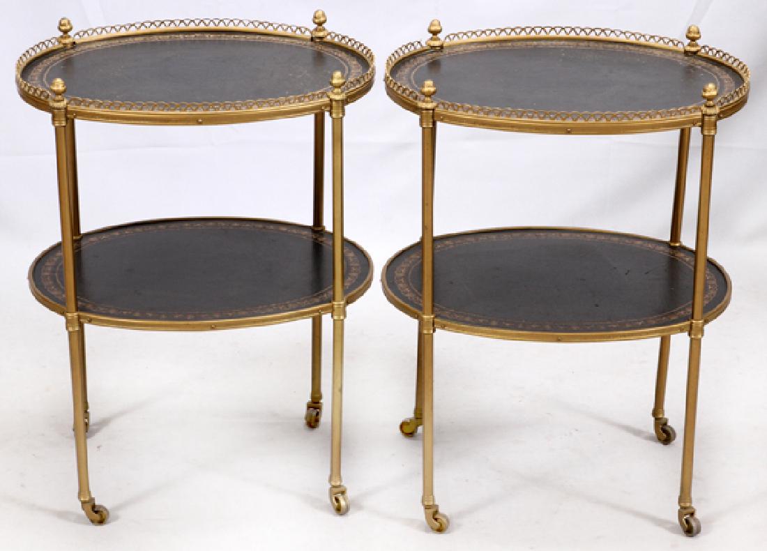 TWO TIER LEATHER TOP BRASS TABLES PAIR (1 of 2)