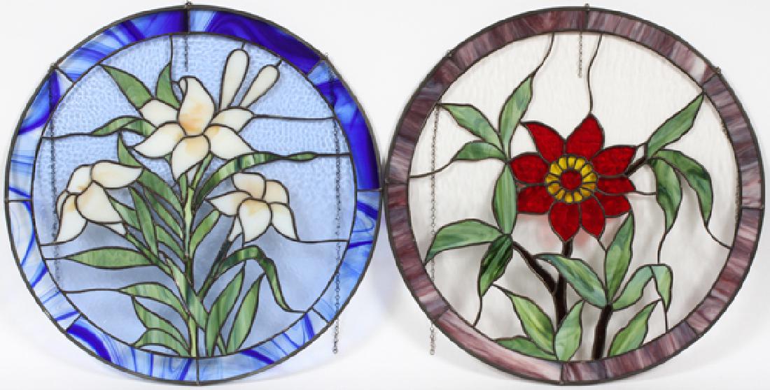 PAIR OF FLORAL STAINED GLASS CIRCULAR PANELS (1 of 2)