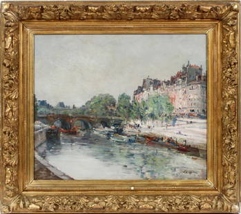 STANISLAS LEPINE FRENCH 1835-1920 OIL ON CANVAS: STANISLAS LEPINE (FRENCH, 1835-1920 OIL ON CANVAS, H 21", W 28", "ALONG THE SEINE RIVER IN THE SUMMER":Signed lower right, "S. Lepine"; gilt wood frame. From Leighton Fine Art, Buckinghamshire, UK to