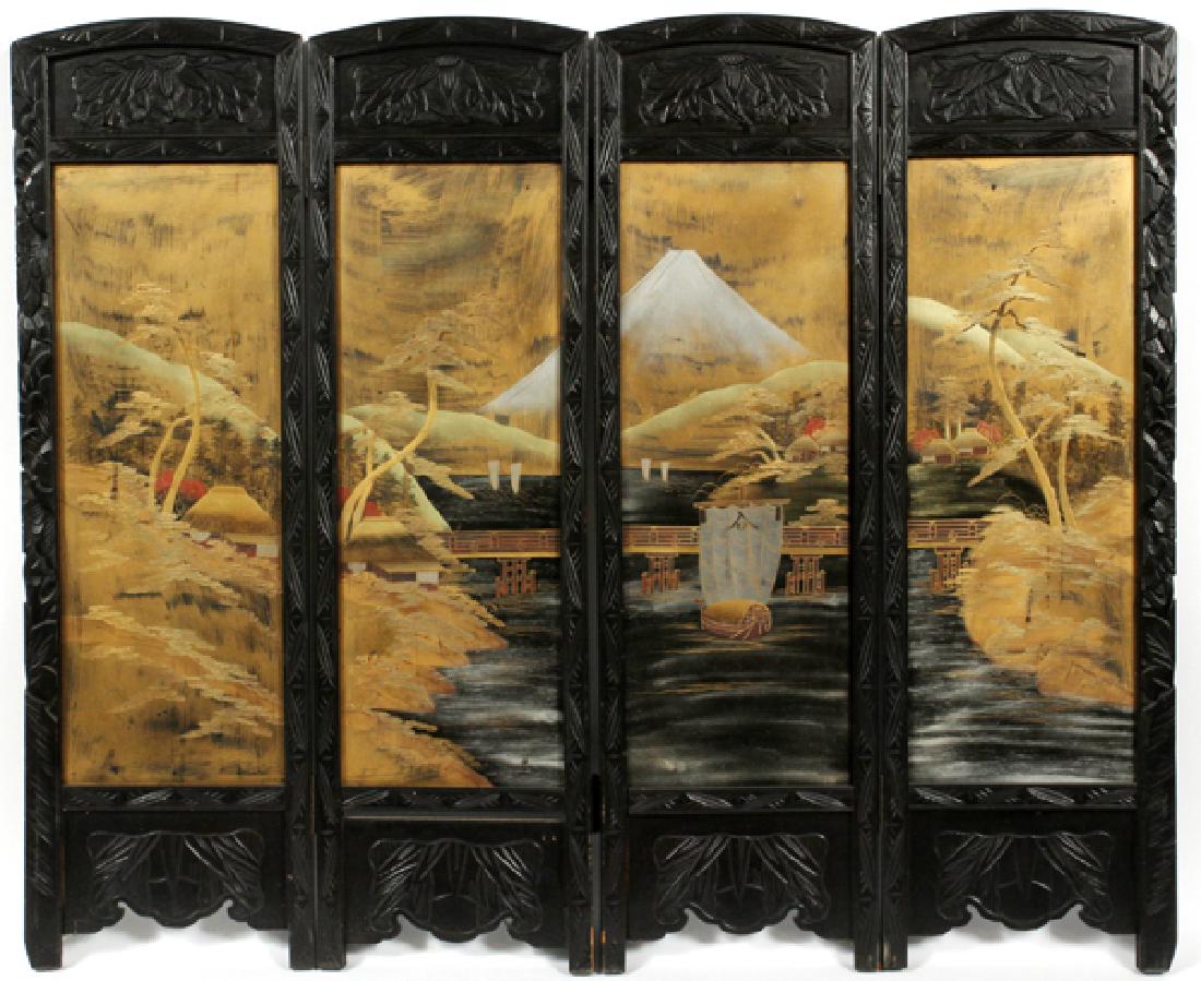 JAPANESE LACQUER AND TEAKWOOD TABLE SCREEN C. 1900 (1 of 4)