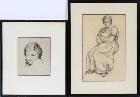 MYRON BARLOW CHARCOAL SKETCH & AN INTAGLIO PRINT: MYRON BARLOW (AMERICAN, 1873-1937), CHARCOAL SKETCH & AN INTAGLIO PRINT, 2 PIECES:Seated Lady in charcoal, 15" x 8". Head 6 1/2" x 8". Seated lady in charcoal with her arms folded, signed "Barlow", on