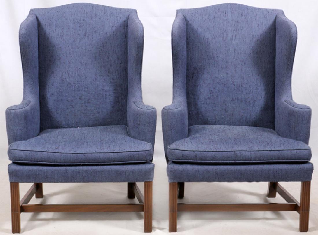 KITTINGER CHIPPENDALE STYLE WING BACK CHAIRS PAIR: KITTINGER CHIPPENDALE STYLE WING BACK CHAIRS, PAIR, H 45", W 25":Having mahogany reeded front legs with blue upholstery.