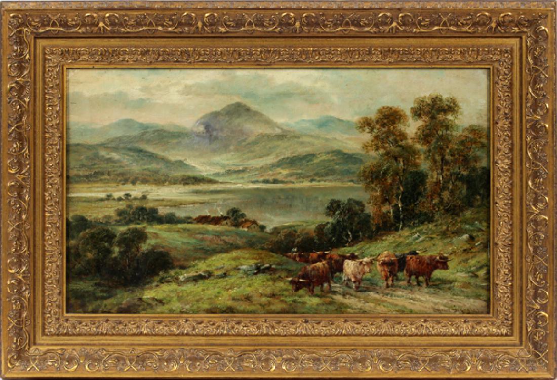 WILLIAM LANGLEY OIL ON CANVAS: WILLIAM LANGLEY (BRIT. 1880-1922), OIL ON CANVAS, H 15", W 24", HIGHLAND CATTLE:Signed. Flourished 1880 - 1922. Gilt frame