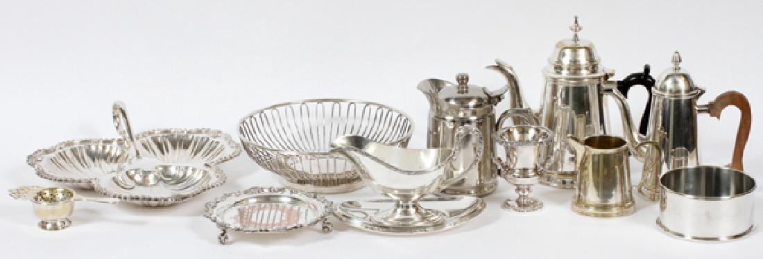 SILVER PLATE TABLEWARE 11 PIECES: SILVER PLATE TABLEWARE, 11 PIECES:Includes 2 coffee pots, 1 milk pitcher, 1 tankard style creamer 1 open fruit bowl, 1 wine coaster, 1 urn form toothpick holder, 1 shell form three compartment serving