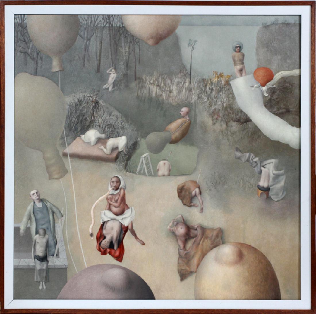DAVID BECKER OIL ON CANVAS 1970: DAVID BECKER (AMERICAN, B.1937), OIL ON CANVAS, 1970, H 48", W 48", UNTITLED SURREALISTIC COMPOSITION:Monogrammed and dated lower left in the top of the wall; framed.