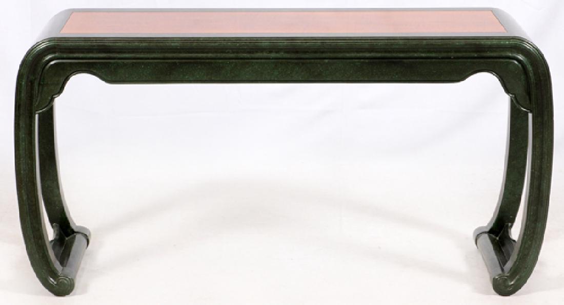 HENREDON ORIENTAL TEMPLE TABLE LATE 20TH C: HENREDON, ORIENTAL TEMPLE TABLE, LATE 20TH C, H 30", W 57", D 16":Having a faux green marble finish, teak insert top, scroll form legs. Henredon label on the underside.