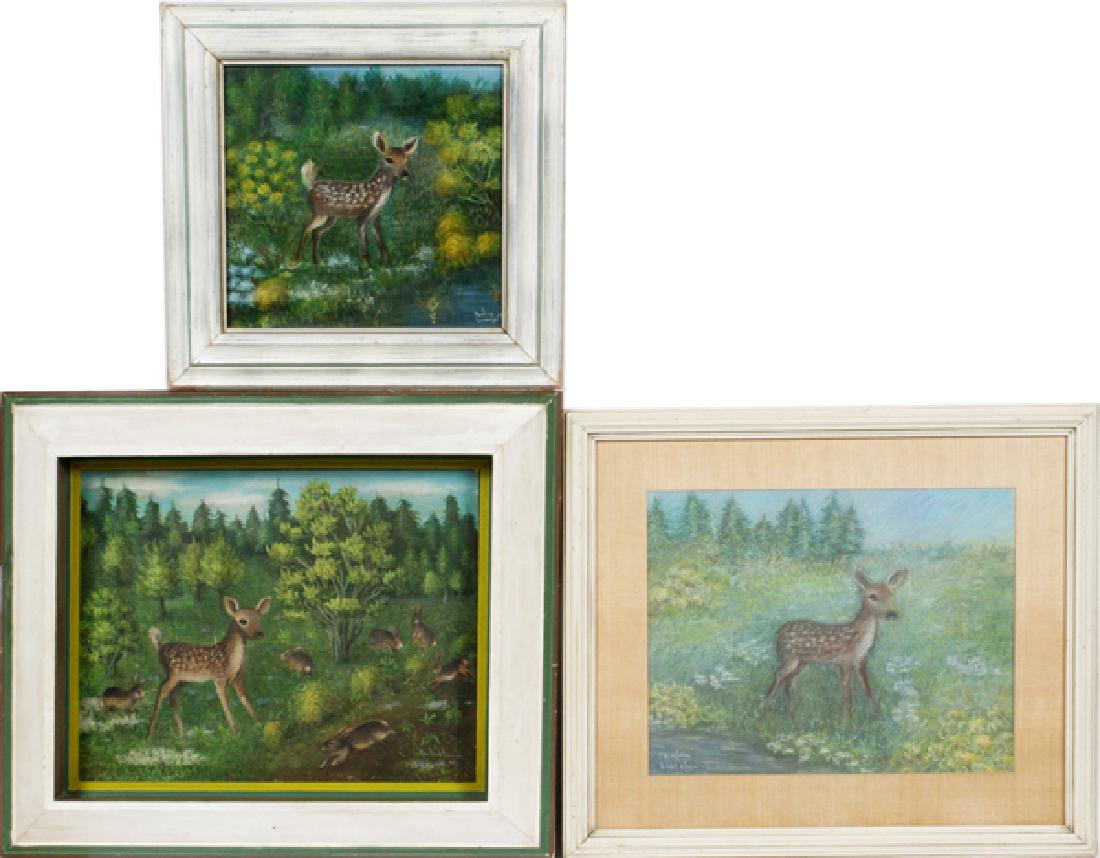 PAULINA LINCOLN LOT OF 2 OILS & 1 PASTEL: PAULINA LINCOLN, LOT OF 2 OILS & 1 PASTEL, EACH OF A FAWN IN FOREST LANDSCAPE:One oil is 16" x 20", 1946, signed and dated lower right; another oil on canvas is 13" x 14", 1949, signed and dated lower