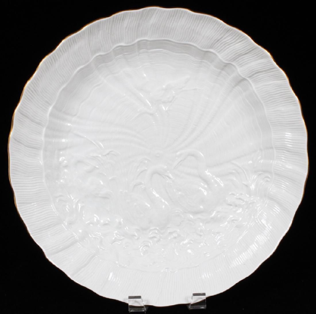 MEISSEN 'SWAN' PORCELAIN CHOP PLATE: MEISSEN 'SWAN' PORCELAIN CHOP PLATE, DIA 13 3/4":Blue underglaze crossed swords mark. Molded swan pattern in cavetto.