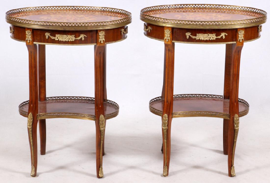 FRENCH MARQUETRY INLAID MAHOGANY END TABLES PAIR (1 of 3)