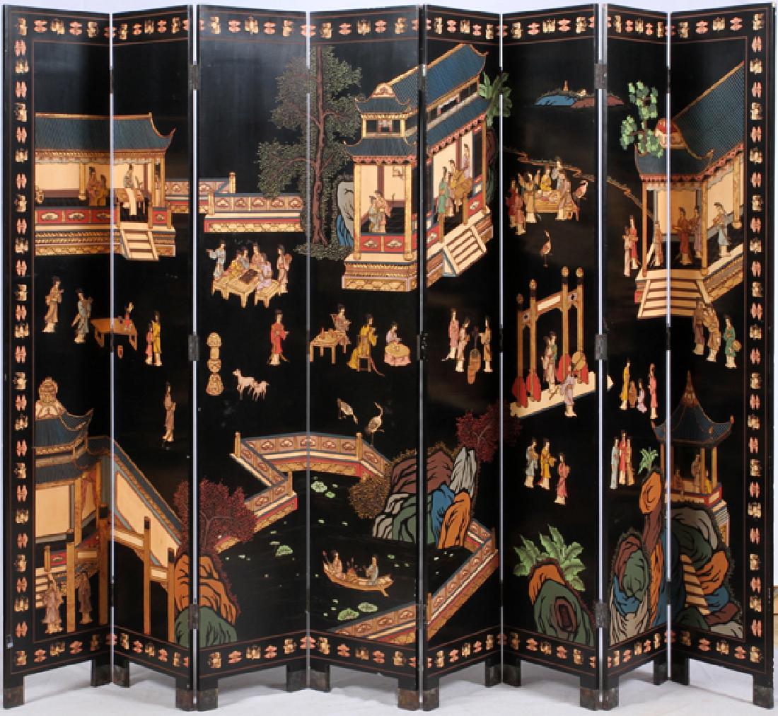 JAPANESE EIGHT PANEL BLACK LACQUER SCREEN (1 of 5)