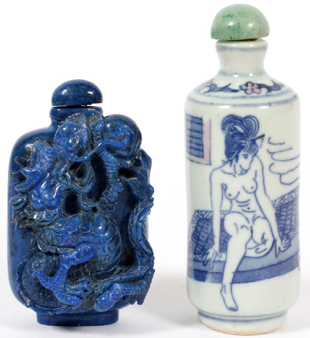 PORCELAIN AND HARDSTONE SNUFF BOTTLES TWO: PORCELAIN AND HARDSTONE SNUFF BOTTLES, TWO:One blue glaze bottle featuring an erotic female nude with a green stopper. Underglaze blue character mark to bottom; H 3 5/8". One carved dragon lapis lazul