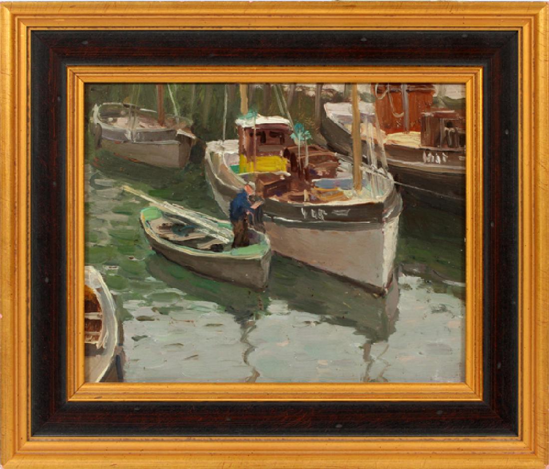 HARRY LEITH-ROSS OIL ON BOARD: HARRY LEITH-ROSS (AMERICAN 1886-1973), OIL ON BOARD, "GLOUCESTER BOATS", 8 1/4" X 10 1/4" WITH 1 BOOK:Titled "Gloucester Boats" on verso, 8 1/4" x 10 1/4", framed. Provenance: Richard Stuart, Pipersvi