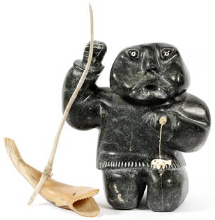 JUDAS ULLULAQ INUIT CARVED SCULPTURE: JUDAS ULLULAQ (INUIT, 1937-1999), CARVED SOAPSTONE, CARIBOU ANTLER & MUSKOX HORN SCULPTURE, LATE 20TH C., H 18 1/4":Measures W.13" overall. Fisherman in soapstone, caribou antler, and musk-ox horn. 