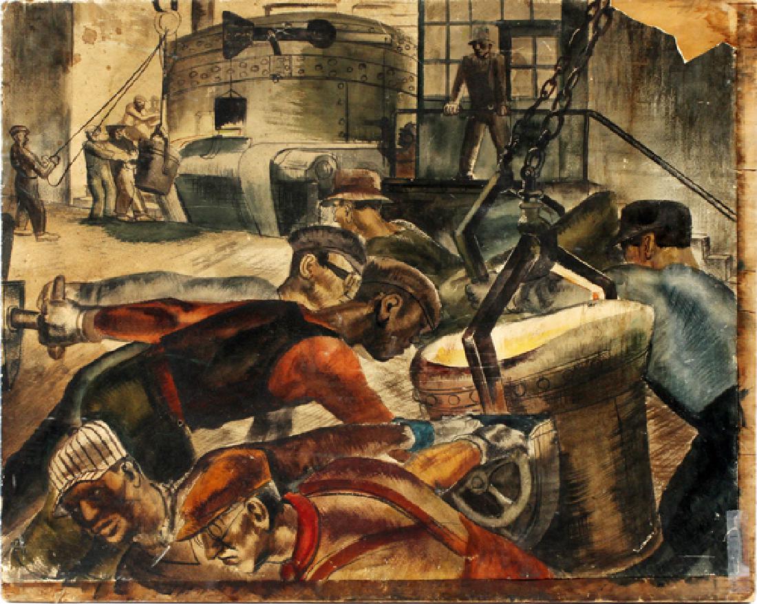AMERICAN OIL ON PAPER STEEL MILL WORKERS C. 1930'S (1 of 4)