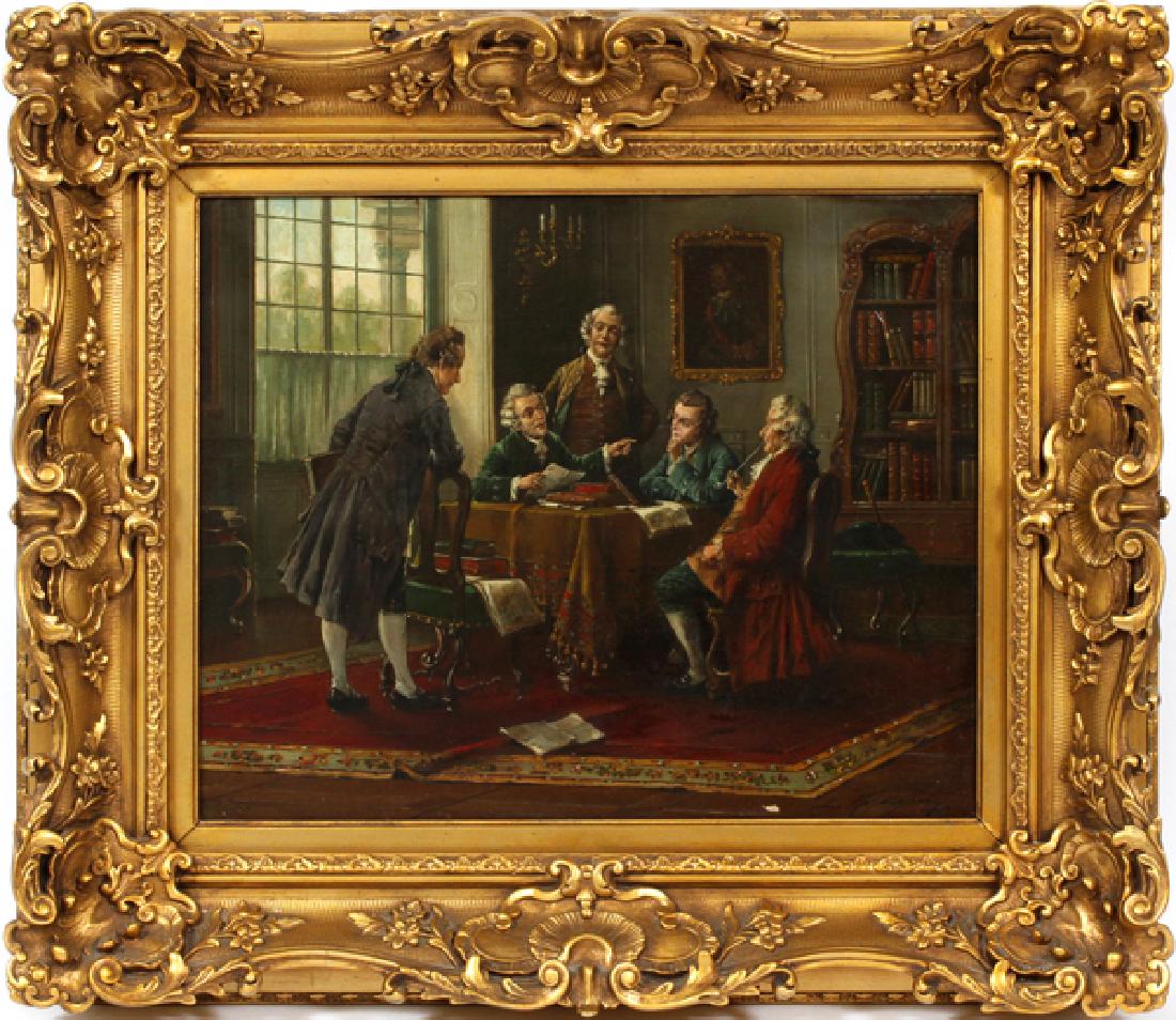 ILLEGIBLY SIGNED OIL ON CANVAS 19TH C.: ILLEGIBLY SIGNED OIL ON CANVAS, 19TH C., H 17", W 21", MEN DISCUSSING AROUND A TABLE:Signature in lower right is possibly "Leo Kozary"; gilt frame.
