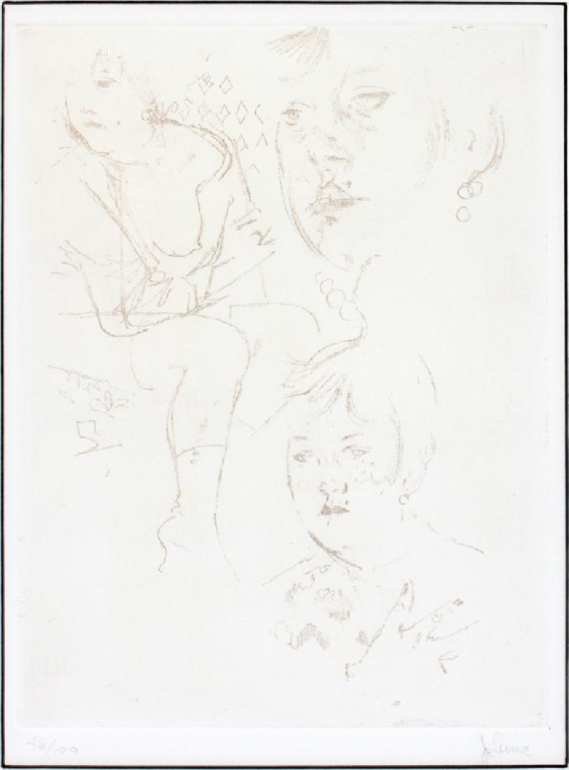 JACK LEVINE SOFT GROUND ETCHING: JACK LEVINE (AMERICAN, 1915-2010), SOFT GROUND ETCHING, H 11 1/2", W 8 3/4", "FROM THE THREE PENNY OPERA":Pencil signed; #46/100; framed.